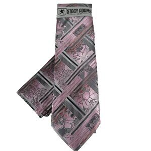 Stacy Adams Men's Tie Hanky Set Pink Charcoal Gray Plaids Floral Microfiber New